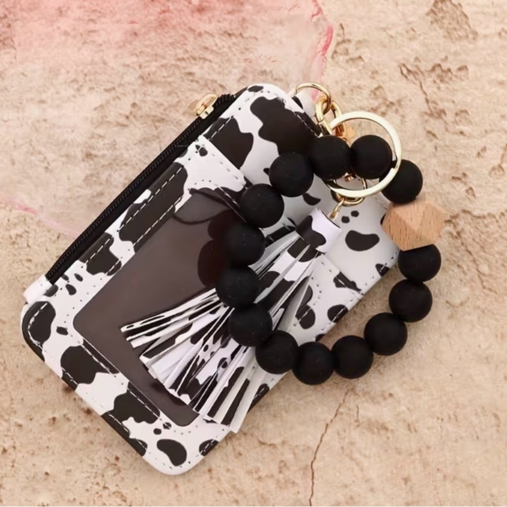 Black and White Cow Print Wristlet Keychain